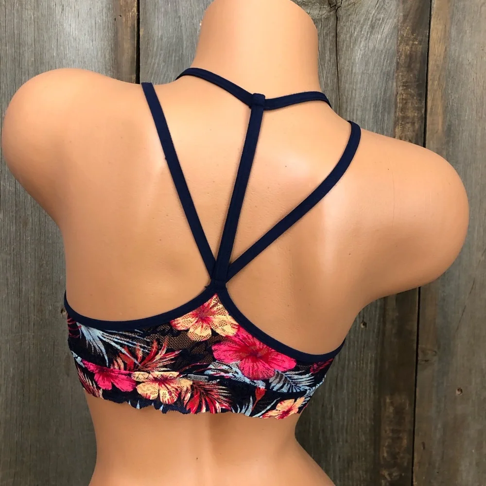 2017 PINK Victoria’s Secret Tropical Floral Lace Bralette in Blue Size Small